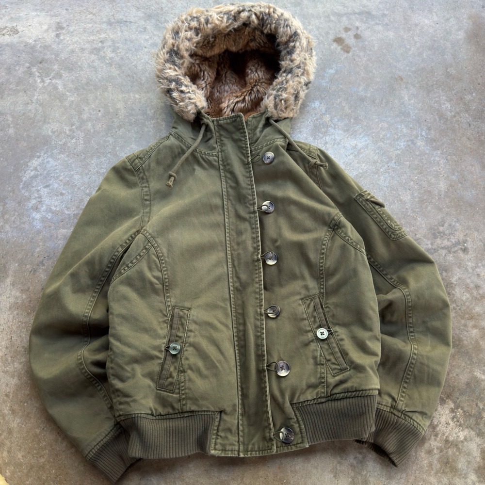 Vintage Y2K Old Navy Parka Faux Fur Lined Hooded Bomber Green Small (d7)